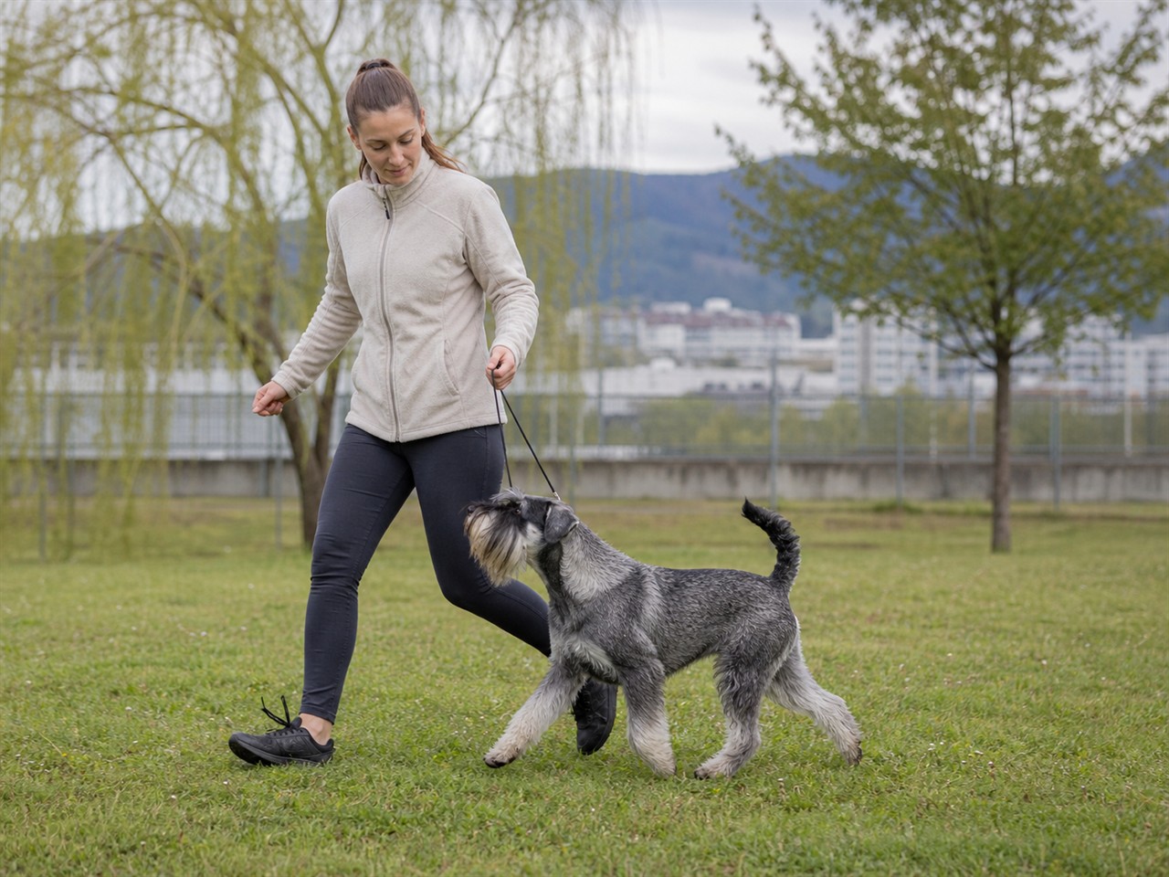 Handlerka in šnavcer med vajo gibanja na ohlapnem povodcu
